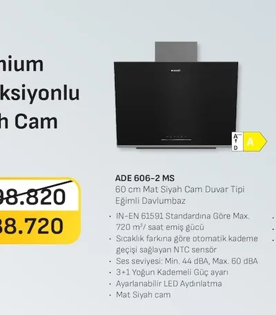Arçelik Ade 606-2 Ms 60 Cm Mat Siyah Cam Duvar Tipi Eğimli Davlumbaz