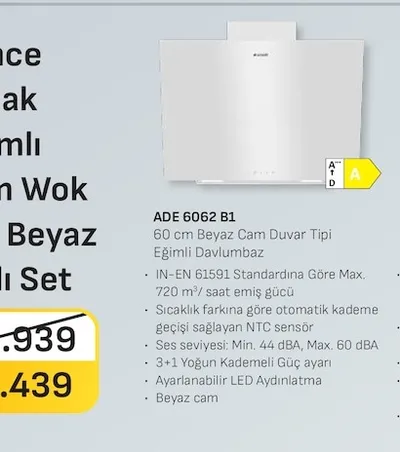 Arçelik Ade 6062 B1 60 Cm Beyaz Cam Duvar Tipi Eğimli Davlumbaz