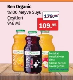 Ben Organic %100 Meyve Suyu Çeşitleri 946 Ml
