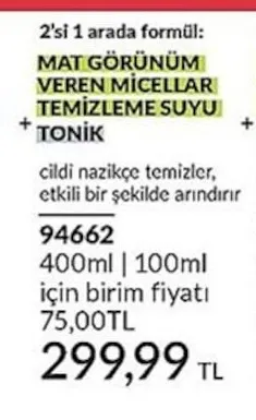 Avon Mat Görünüm Veren Micellar Temizleme Suyu + Tonik 400Ml + 100Ml