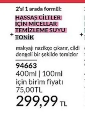 Avon Hassas Ciltler İçin Micellar Temizleme Suyu + Tonik 400Ml + 100Ml