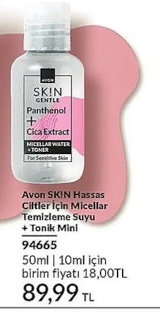 Avon Sk!N Hassas Ciltler İçin Micellar Temizleme Suyu + Tonik Mini 50Ml