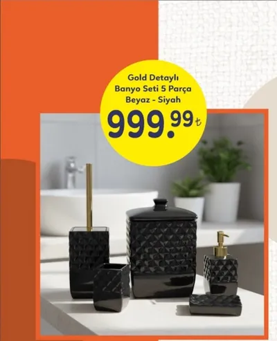 Gold Detaylı Banyo Seti 5 Parça Beyaz - Siyah