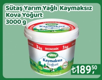 Sütaş Yarım Yağlı Kaymaksız Kova Yoğurt 3000G