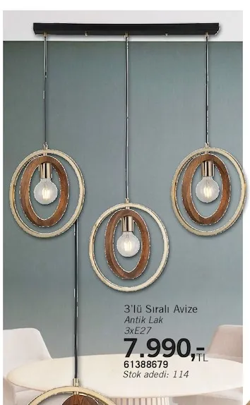 3'Lü Sıralı Avize Antik Lak 3Xe27