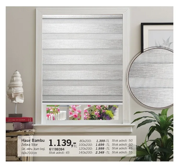 Hasıır Bambu Zebra Stor Gri, Ekru, Kum Beji, 60X200Cm