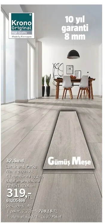 32.Sınıf Laminant Parke Gümüş Meşe