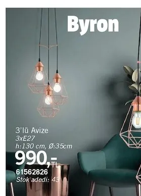 Byron 3'Lü Avize 3Xe27 H:130 Cm, Ø:35Cm