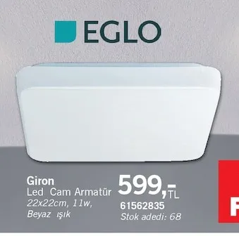 Giron Led Cam Armatür 22X22Cm, 11W, Beyaz Işık