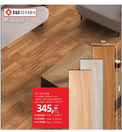 Ege Seramik Missisipi Yer Seramiği 15X60Cm