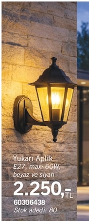 Yukarı Aplik E27 Max: 60W Beyaz Ve Siyah