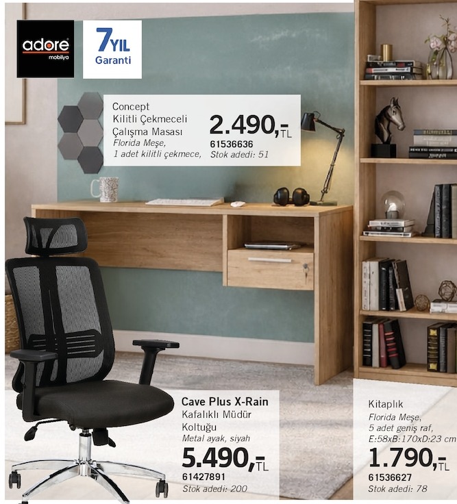 Concept Kilitli Çekmeceli Çalışma Masası Florida Meşe, 1 Adet Kilitli Çekmece