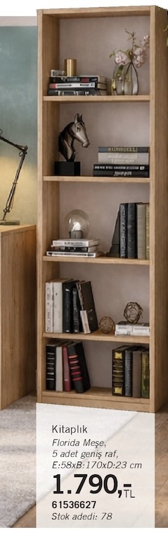Kitaplık Florida Meşe, 5 Adet Geniş Raf, E:58Xb:170Xd:23 Cm