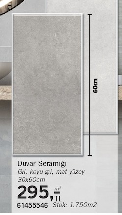 Duvar Seramiği Gri Koyu Gri Mat Yüzey 30X60Cm
