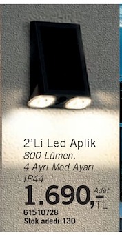 2'Li Led Aplik 800 Lümen, 4 Ayrı Mod Ayarı Ip44