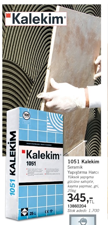 1051 Kalekim Seramik Yapıstırma Harcı Yüksek Yapısıa Gücüne Sahiptir, Kayma Yapmaz, Gri, 25Kg