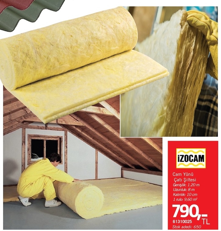 Cam Yünü Çatı Şiltesi Genişlik: 1.20 M Uzunluk: 8 M Kalınlık: 10 Cm 1 Rulo: 9.60 M²