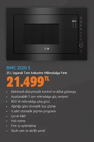 Beko Bmc 2520 S 25 L Izgaralı Tam Ankastre Mikrodalga Fırın