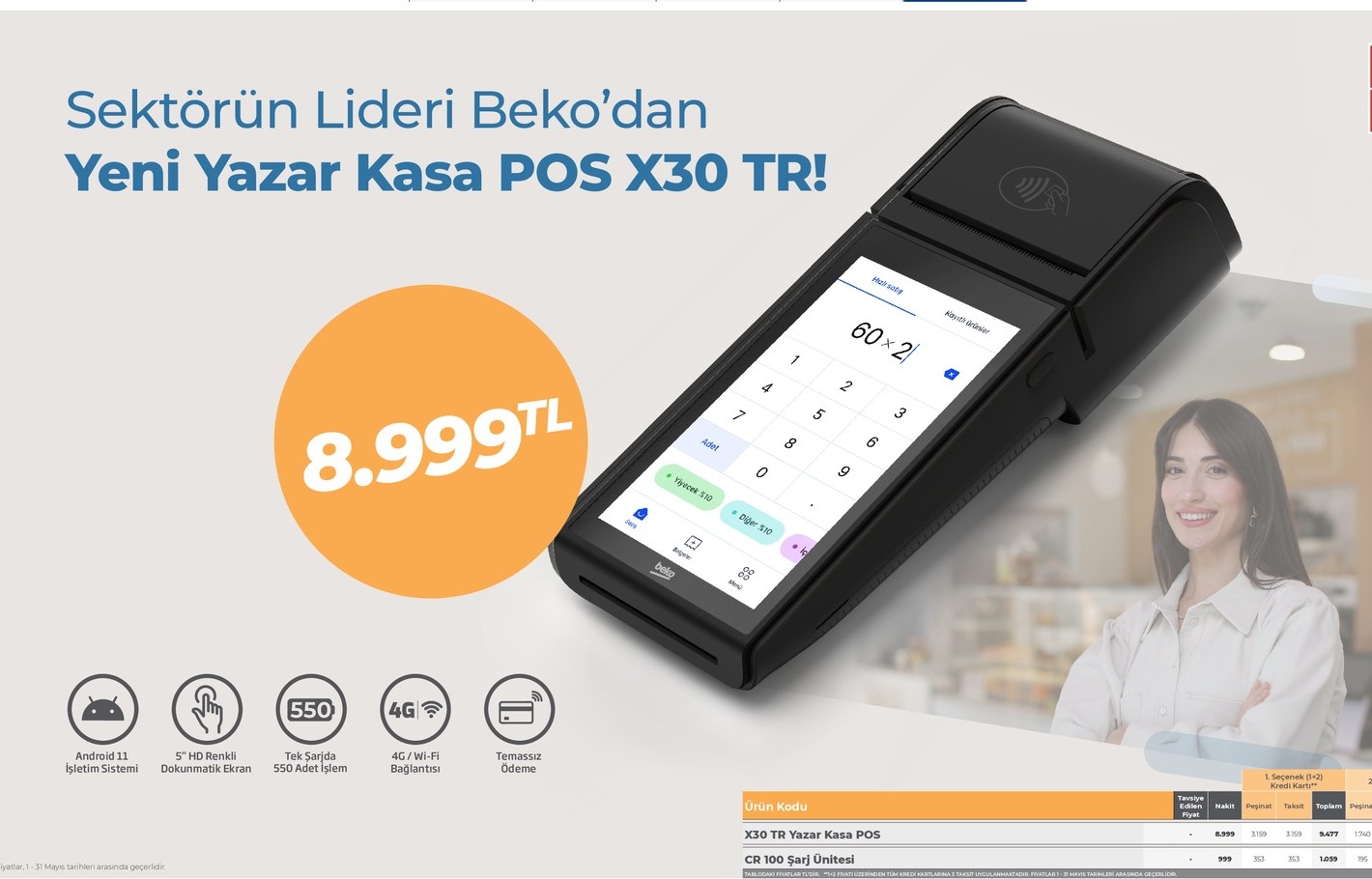 Yazar Kasa Pos X30 Tr+Şarj Ünitesi