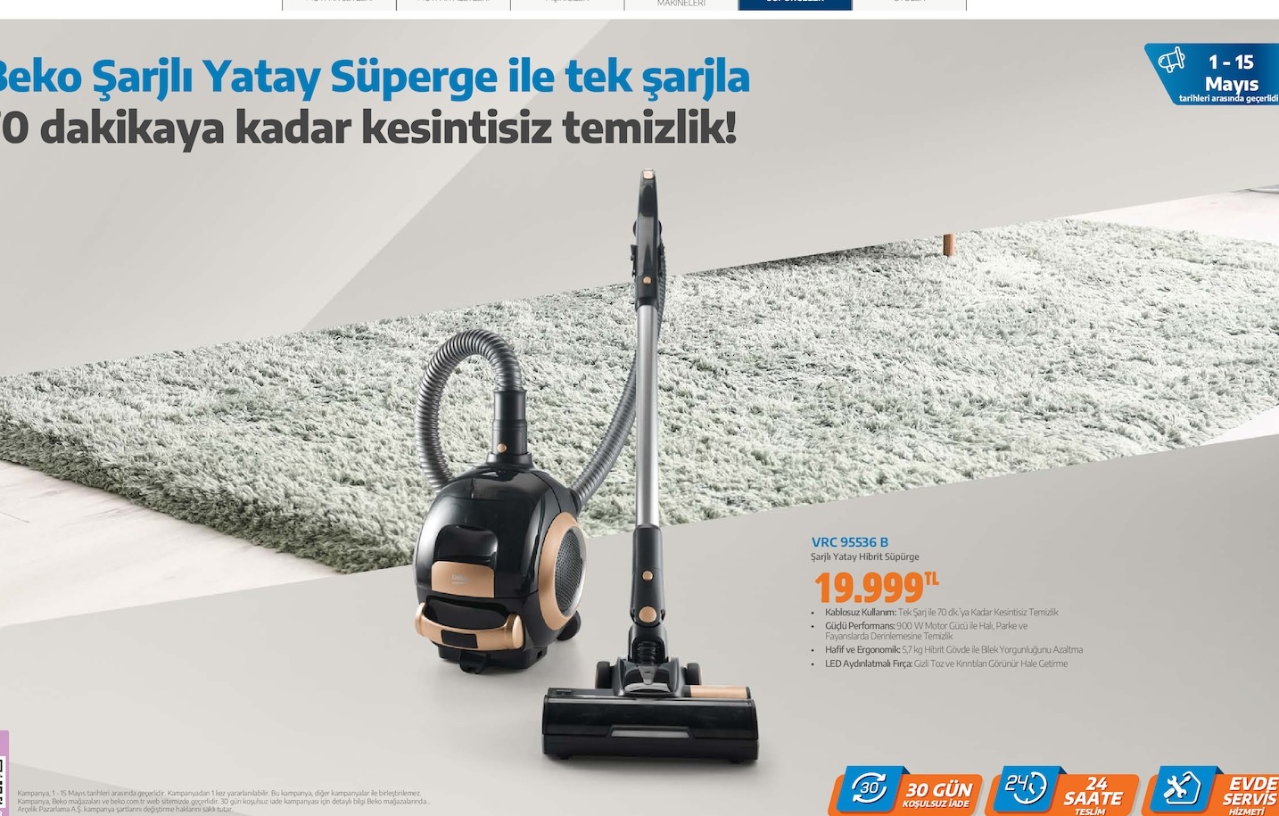 Beko Şarjlı	Yatay Hibrit Süpürge Vrc 95536 B