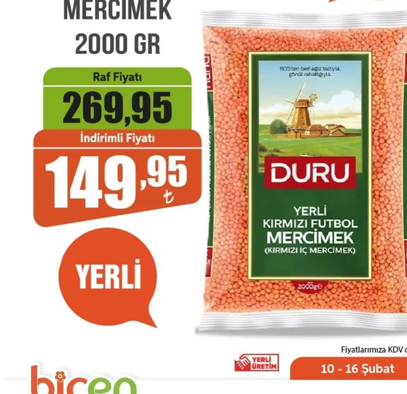 Duru Kırmızı Futbol Mercimek 2000 Gr