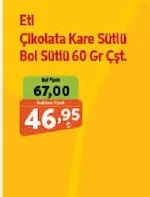 Eti Çikolata Kare Sütlü Bol Sütlü 60 Gr Çşt
