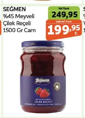 Seğmen %45 Meyveli Çilek Reçeli 1500 Gr Cam