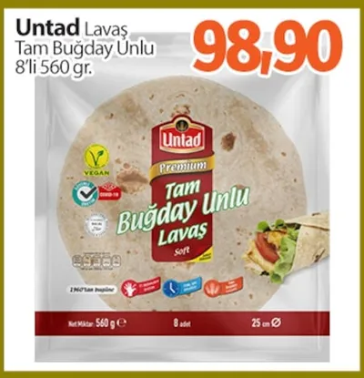 Untad Lavaş Tam Buğday Unlu 8'Li 560 Gr.