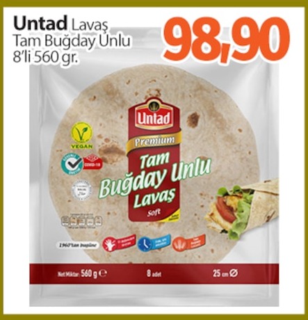Untad Lavaş Tam Buğday Unlu 8'Li 560 Gr.