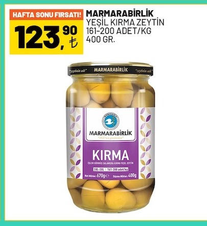 Marmarabirlik Yeşil Kirma Zeytin 161-200 Adet/Kg 400 Gr