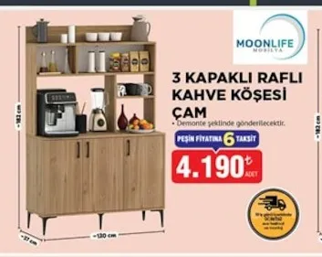 Moonlife Mobilya 3 Kapaklı Raflı Kahve Köşesi Çam
