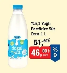 Dost %3,1 Yağlı Pastörize Süt 1 L