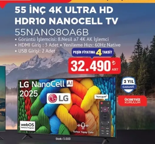 55 İnç 4K Ultra Hd Hdr10 Nanocell Tv 55Nano80A6B