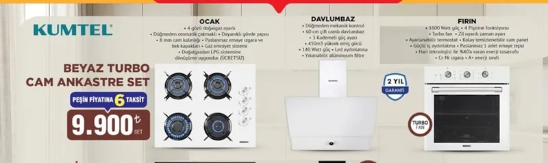Kumtel Beyaz Turbo Cam Ankastre Set