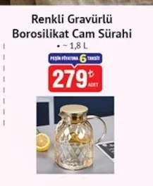 Renkli Gravürlü Borosilikat Cam Sürahi 1,8 L