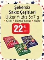 Ülker Yıldız Şekersiz Sakız Çeşitleri 3X7 G