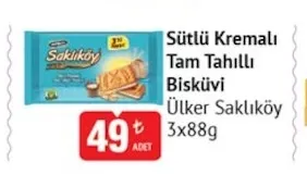 Sütlü Kremalı Tam Tahıllı Bisküvi Ülker Saklıköy 3X88G