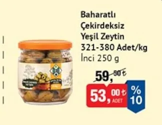 Baharatlı Çekirdeksiz Yeşil Zeytin 321-380 Adet/Kg İnci 250 G
