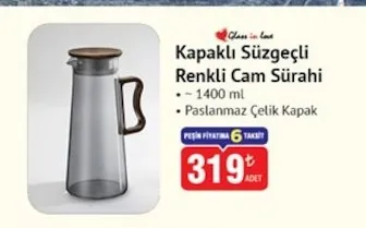 Kapaklı Süzgeçli Renkli Cam Sürahi 1400 Ml