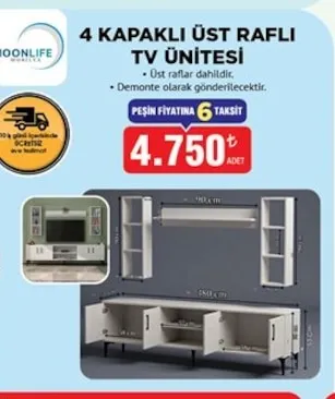 Moonlife Mobilya 4 Kapaklı Üst Raflı Tv Ünitesi