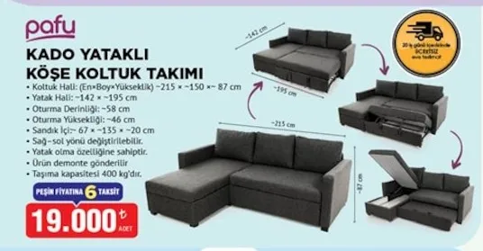 Pafu Kado Yataklı Köşe Koltuk Takımı