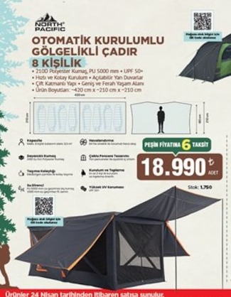 North Pacific Otomatik Kurulumlu Gölgelik Çadır 8 Kişilik