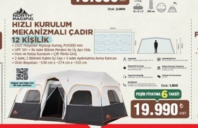 North Pacific Hızlı Kurulum Mekanizmalı Çadır 12 Kişilik