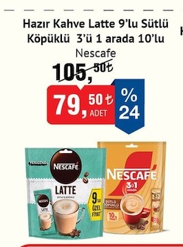 Nescafe Hazir Kahve Latte 9'Lu Sütlü Köpüklü 3'Ü 1 Arada 10'Lu