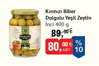 Kirmizi Biber Dolgulu Yesil Zeytin Inci 400G