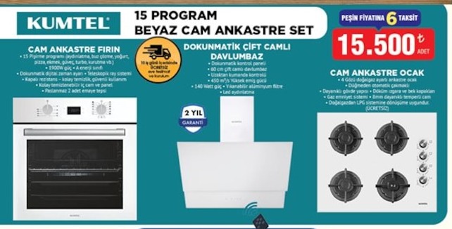 Kumtel 15 Program Beyaz Cam Ankastre Set