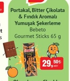 Portakal, Bitter Çikolata & Fındık Aromalı Yumuşak Şekerleme Bebeto Gourmet Sticks 65 G