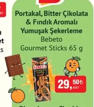 Bebeto Portakal, Bitter Çikolata & Fındık Aromalı Yumuşak Şekerleme Gourmet Sticks 65 G