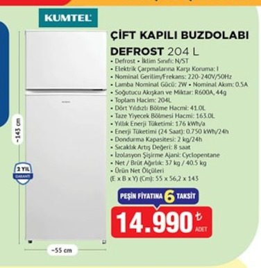 Kumtel Çift Kapılı Buzdolabı Defrost 204 L