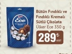 Ülker Ece Bütün Fındıklı Ve Fındıklı Kremalı Sütlü Çikolata 350 G